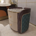 Oval Marble-Top SideTable with Fan-Stitched Leather Panels and Two Drawers